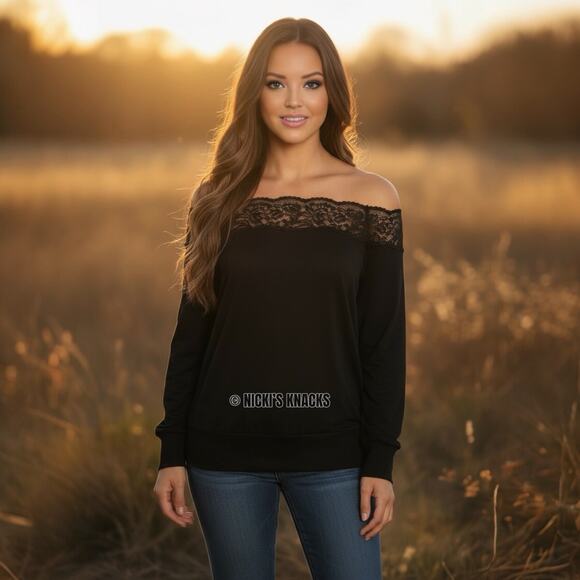 She & Sho Black Off Shoulder Lace Trim Long Sleeve Knit Blouse Size M - Picture 2 of 9